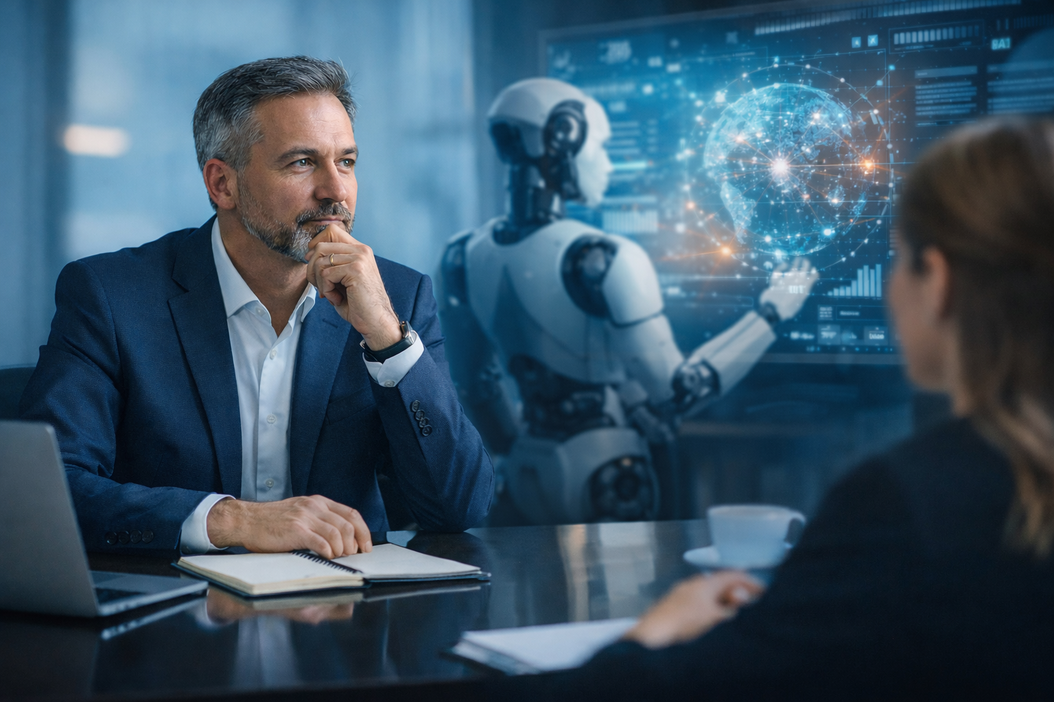 Homem e robo olhando para a IA